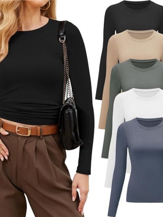 3/5 Pack Womens Long Sleeve Shirts Crew Neck Basic Tees Tight Fitted - Picture 1 of 7